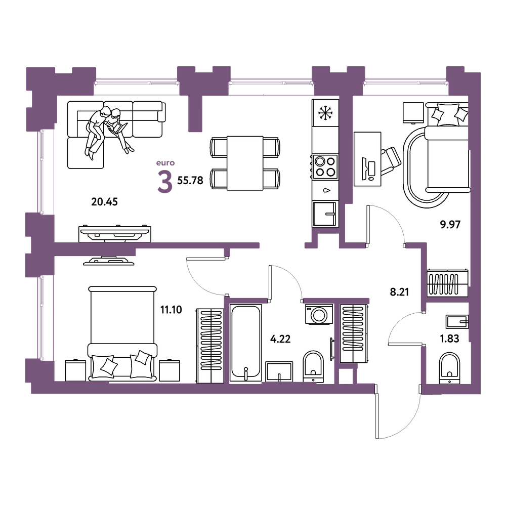 Планировка: Евротрёшка 55,78 м²