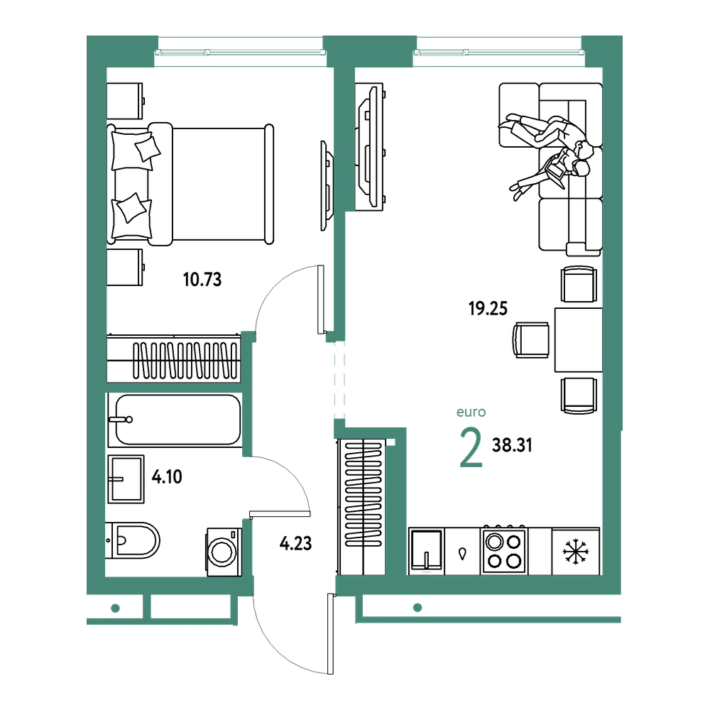 Планировка: Евродвушка 38,31 м²