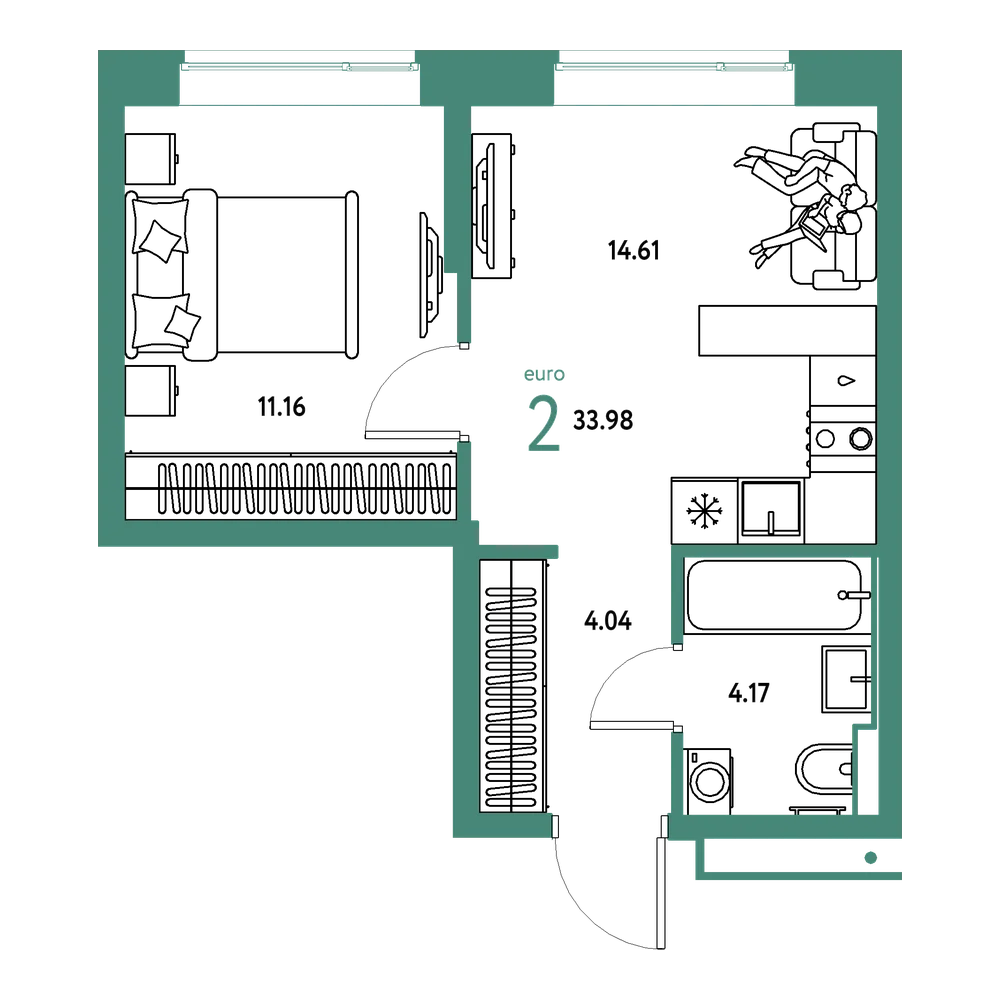 Планировка: Евродвушка 33,98 м²
