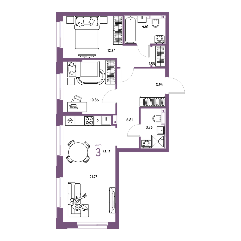 Планировка: Евротрёшка 65,13 м²