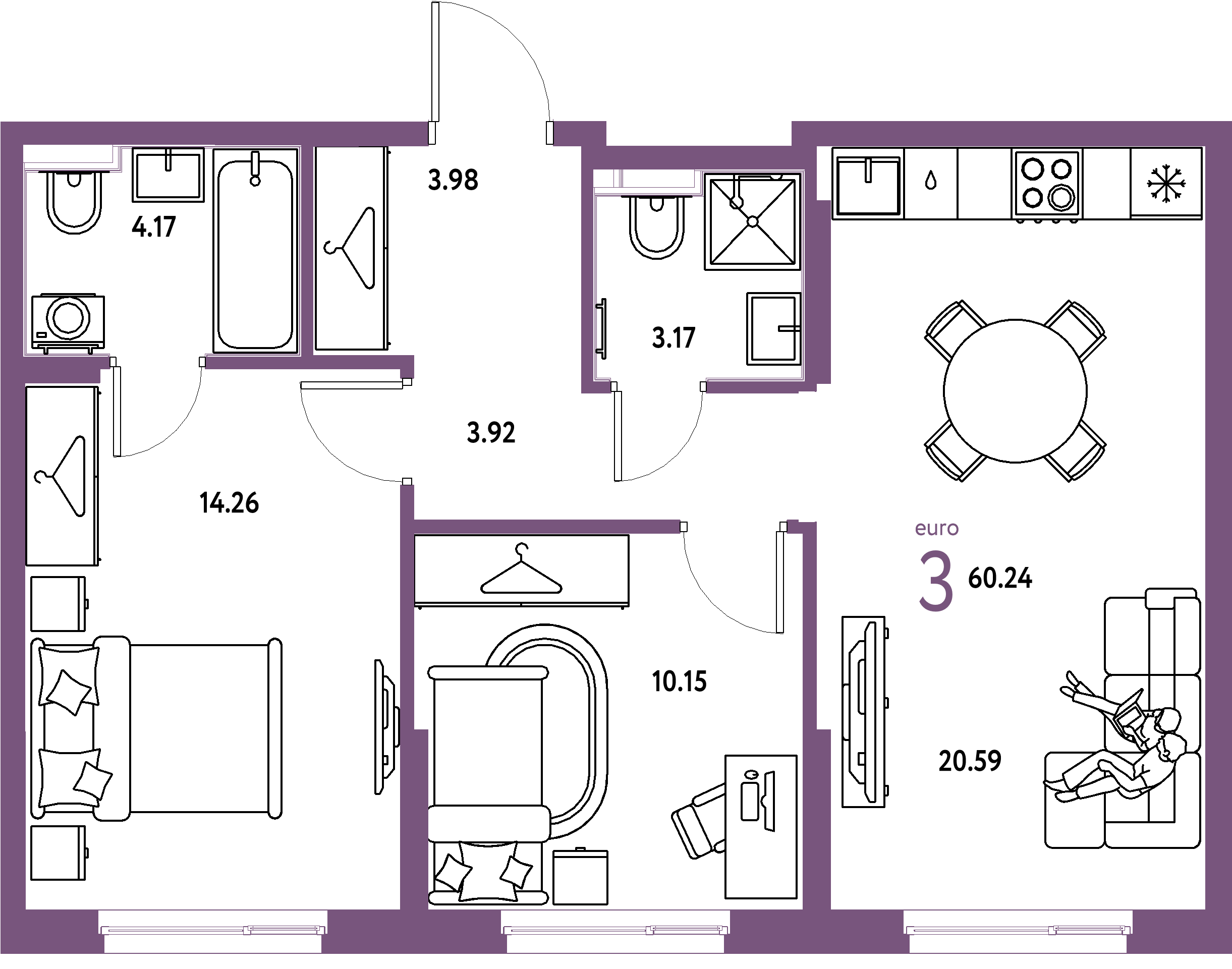 Планировка: Евротрёшка 60,24 м² в ЖК «Европейский берег 2.0»