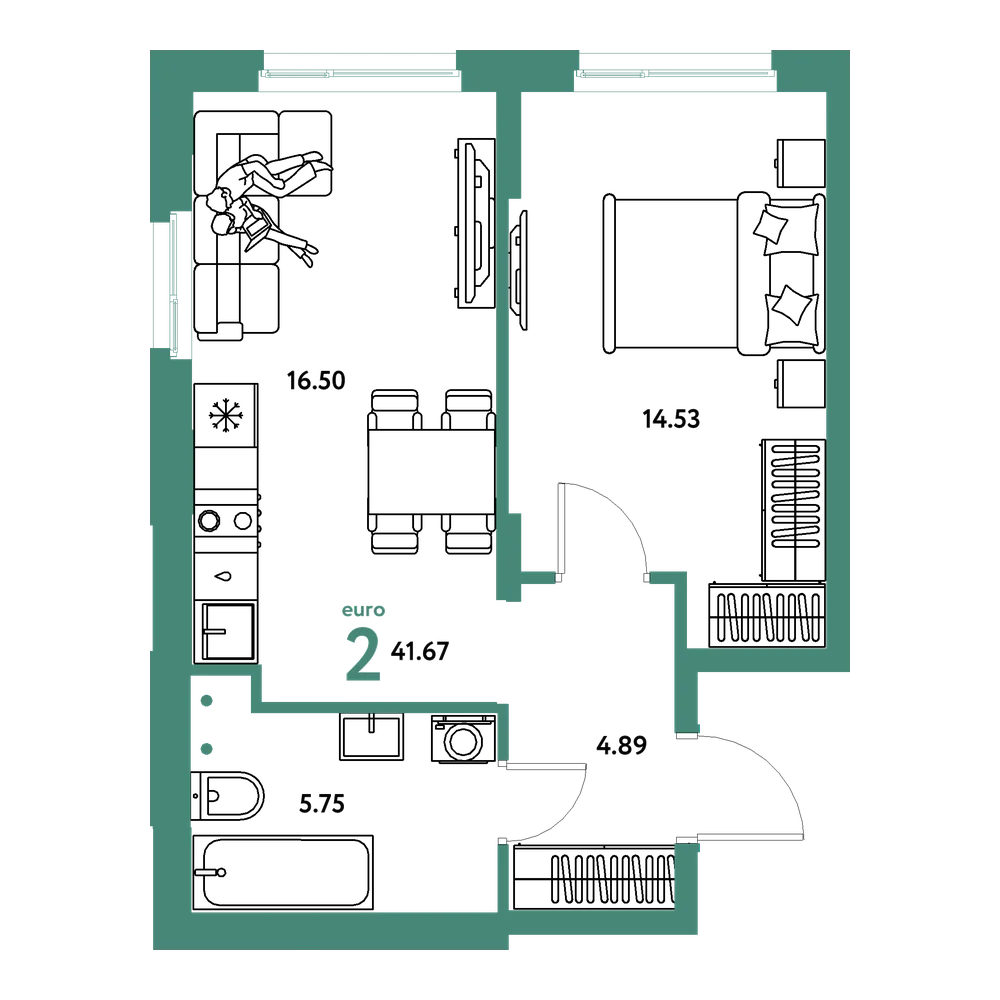 Планировка: Евродвушка 41,67 м²