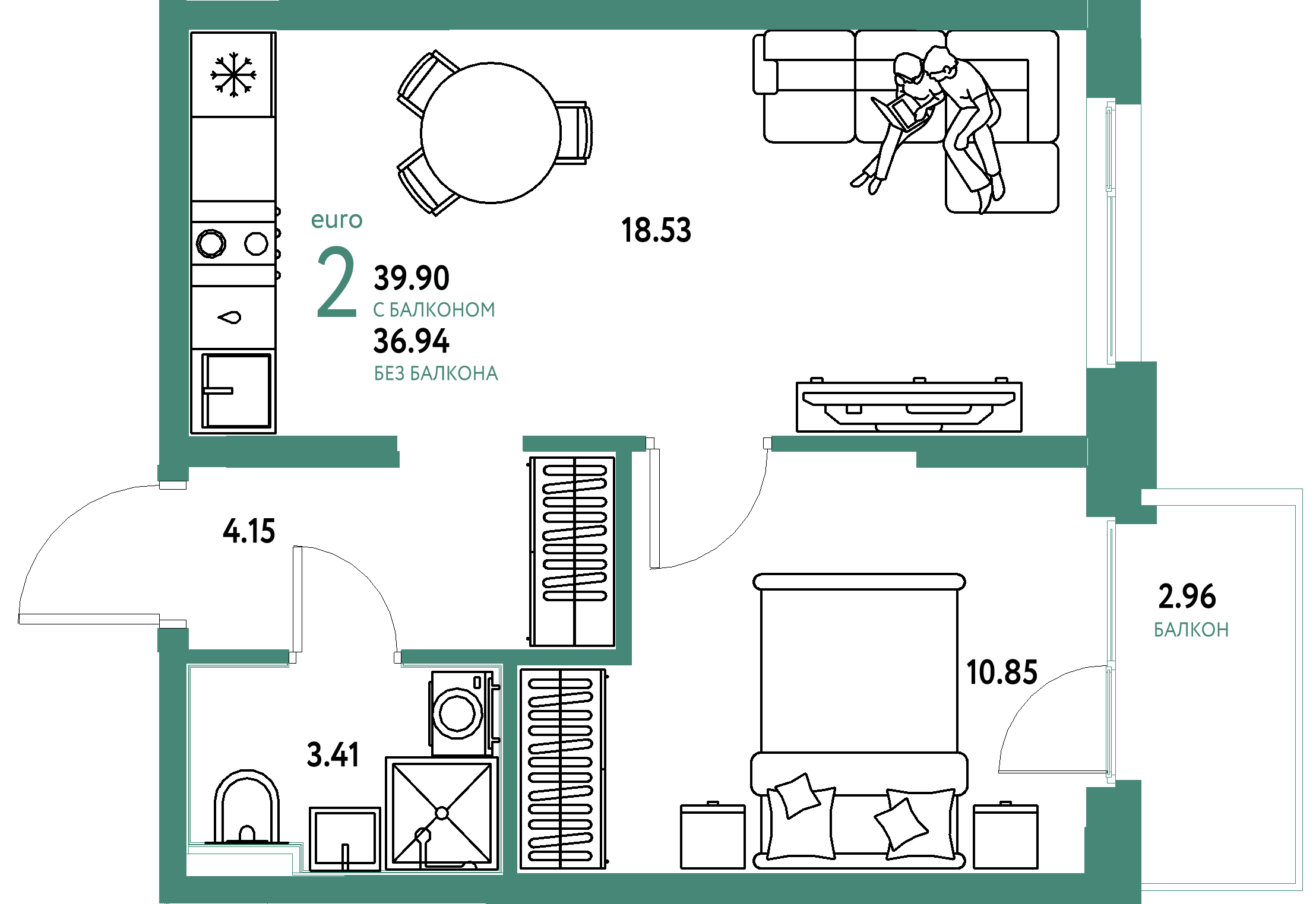 Планировка: Евродвушка 39,62 м² в ЖК «Домашний»
