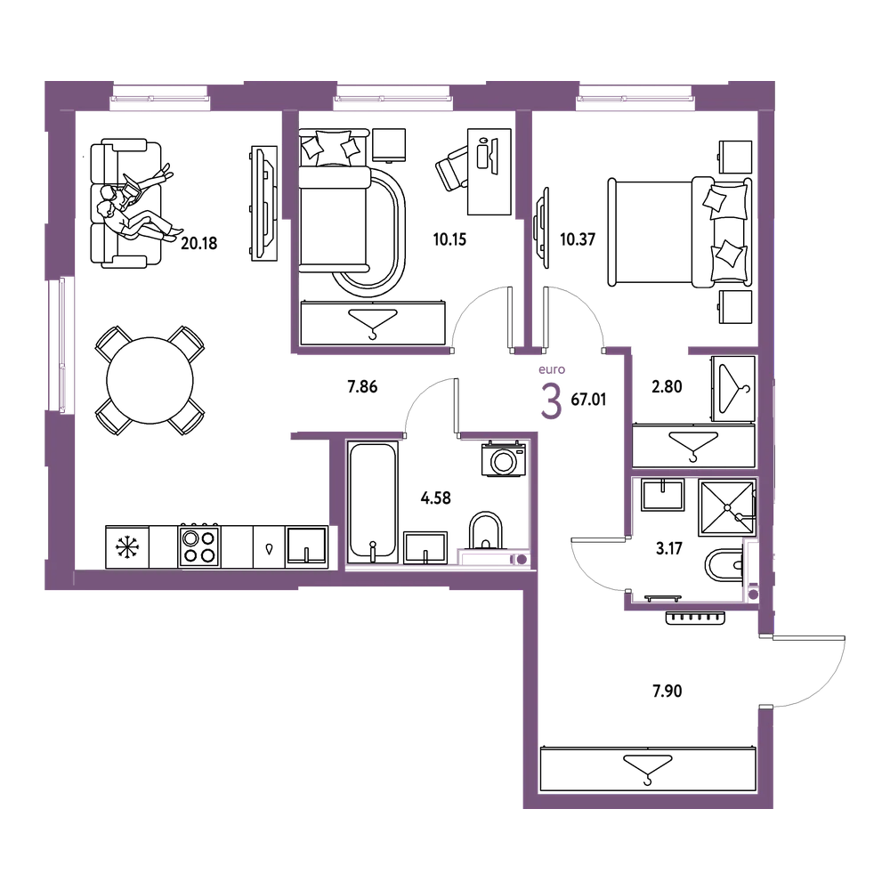 Планировка: Евротрёшка 67,01 м²