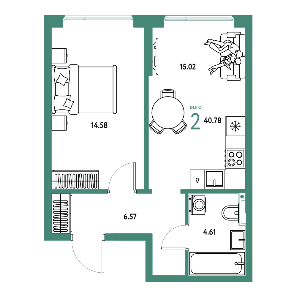 Планировка: Евродвушка 40,78 м²