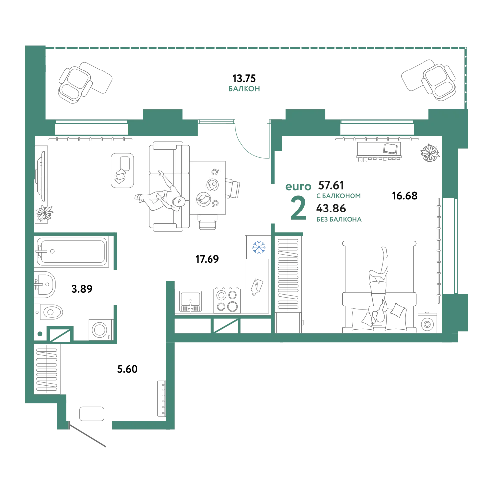 Планировка: Евродвушка 57,61 м²