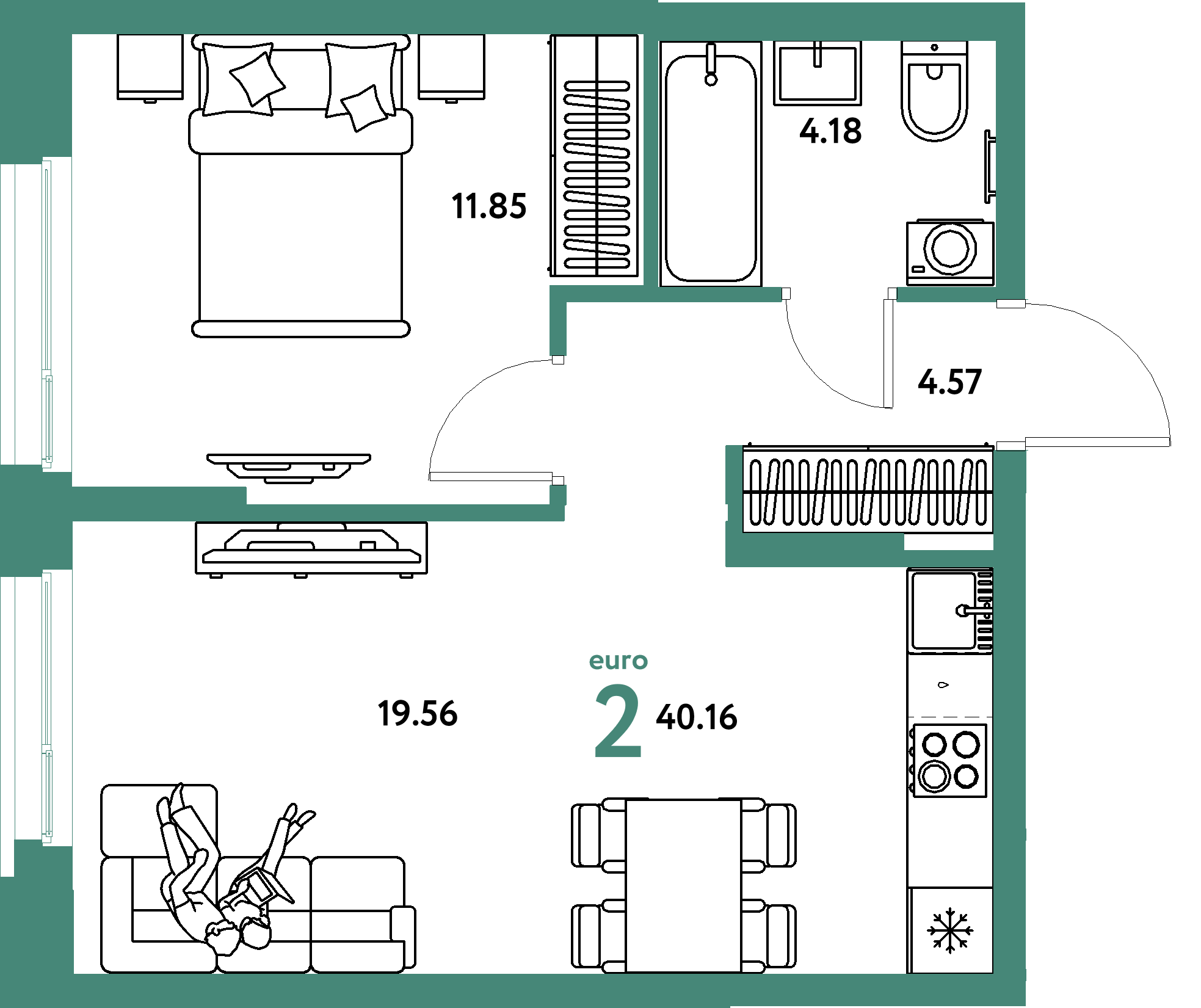 Планировка: Евродвушка 40,16 м² в ЖК «Европейский берег 2.0»