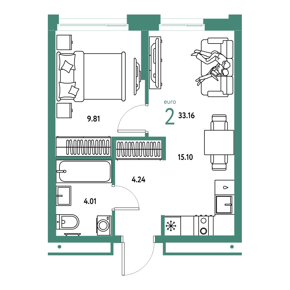 Планировка: Евродвушка 33,16 м²