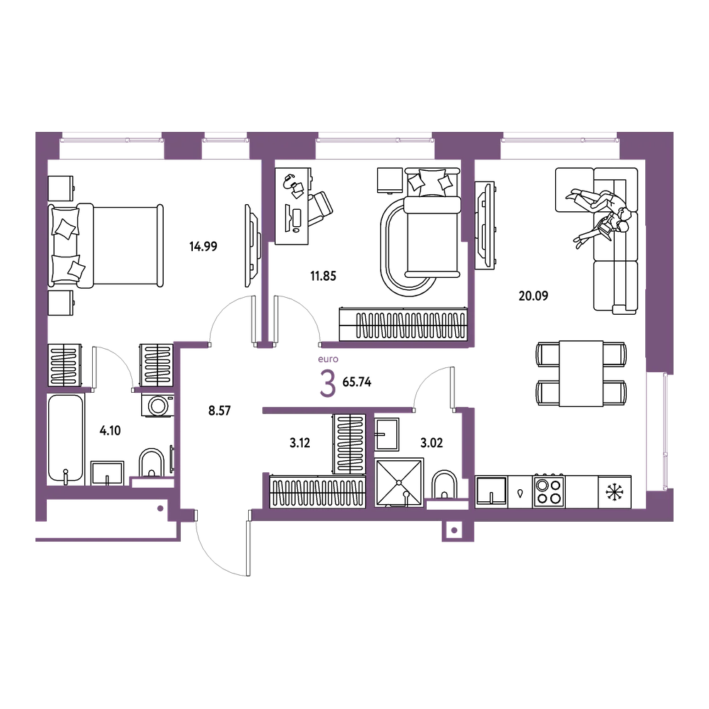 Планировка: Евротрёшка 65,74 м²