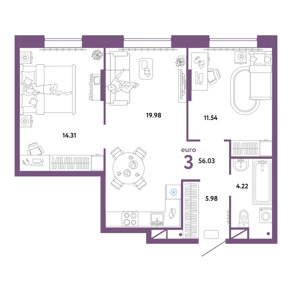 Планировка: Евротрёшка 56,03 м²