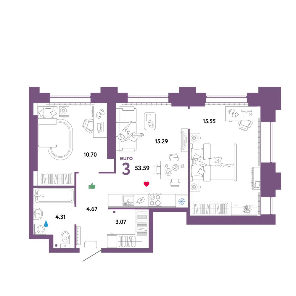 Планировка: Евротрёшка 54,91 м²