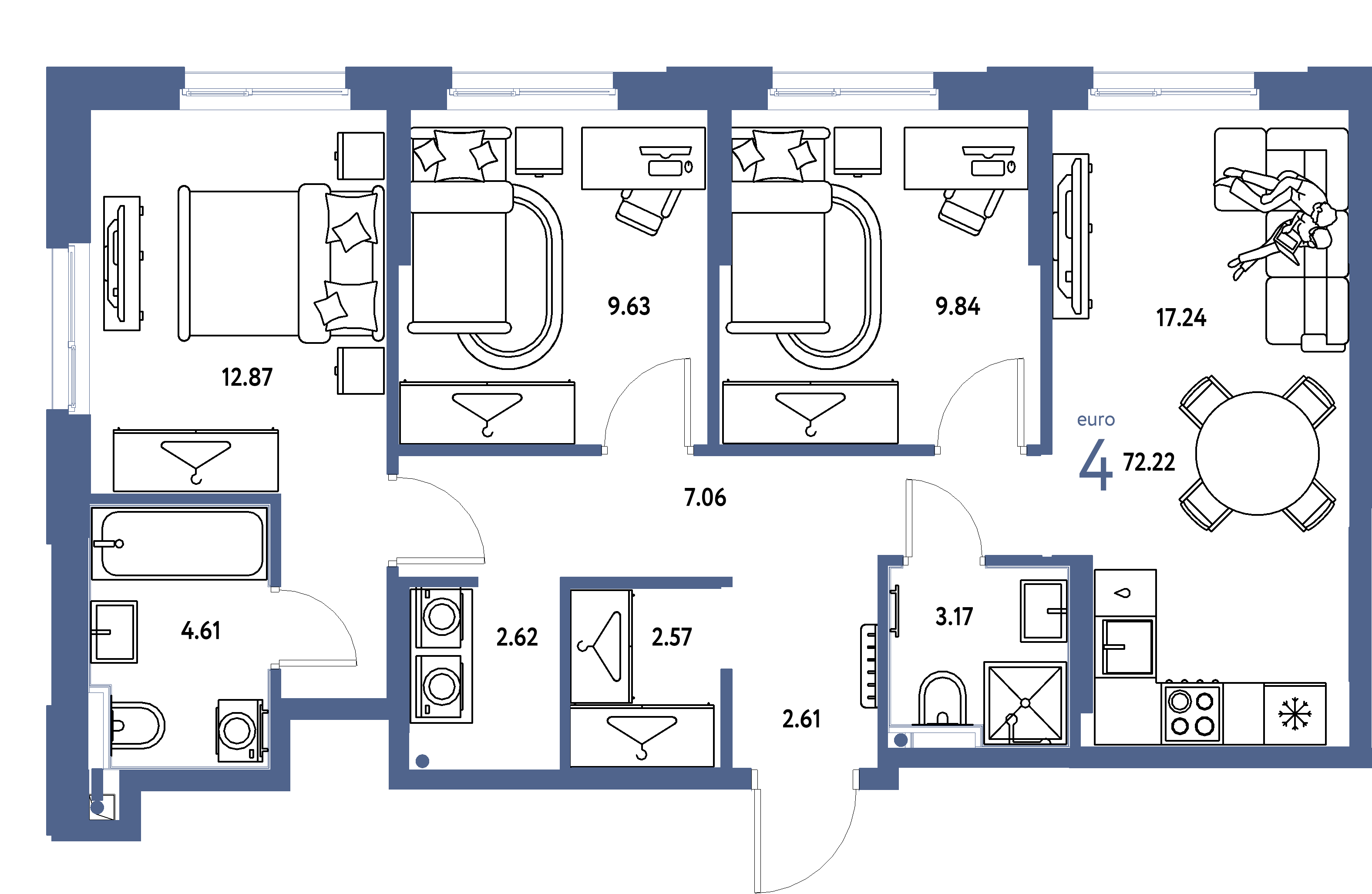 Планировка: Евро-4 72,22 м² в ЖК «Европейский берег 2.0»