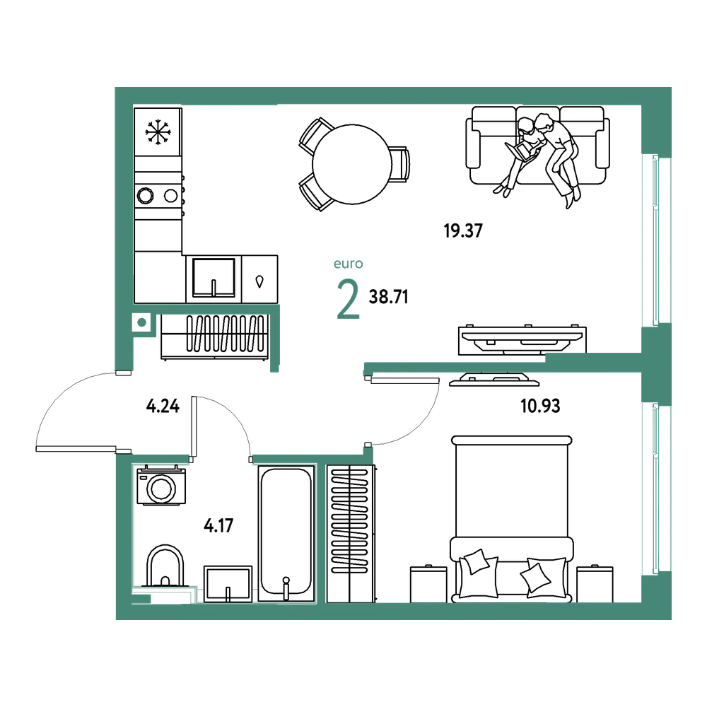 Планировка: Евродвушка 38,71 м²