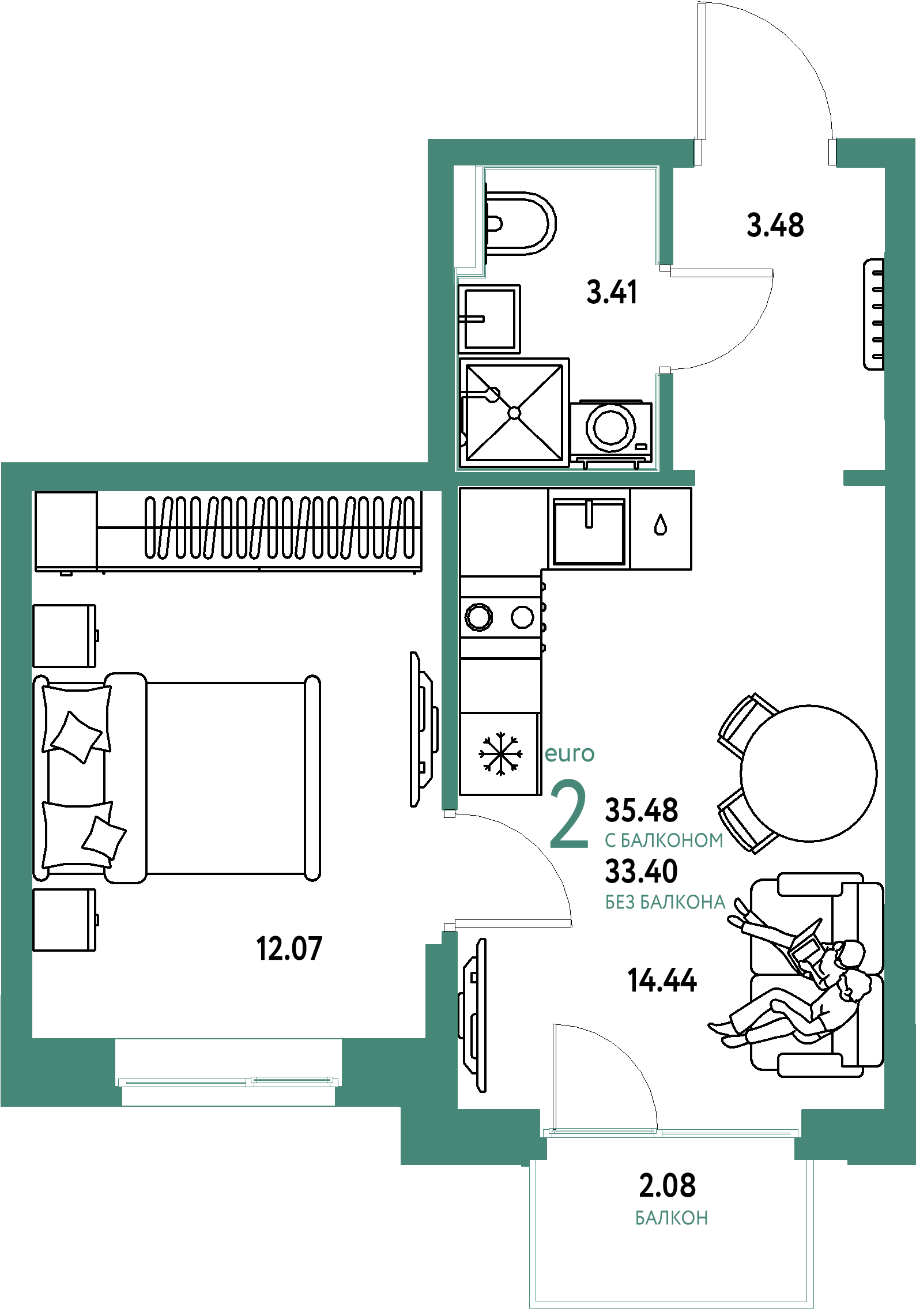 Планировка: Евродвушка 35,48 м² в ЖК «Домашний»