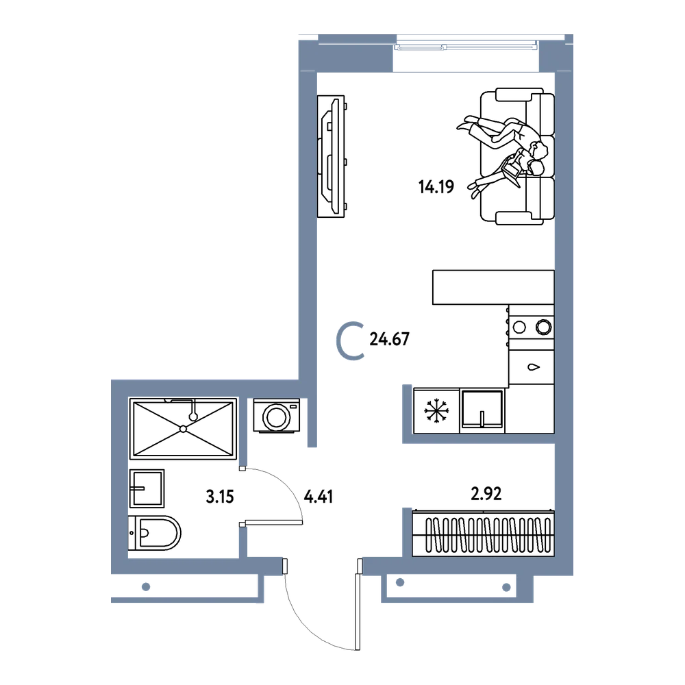 Планировка: Студия 24,67 м²