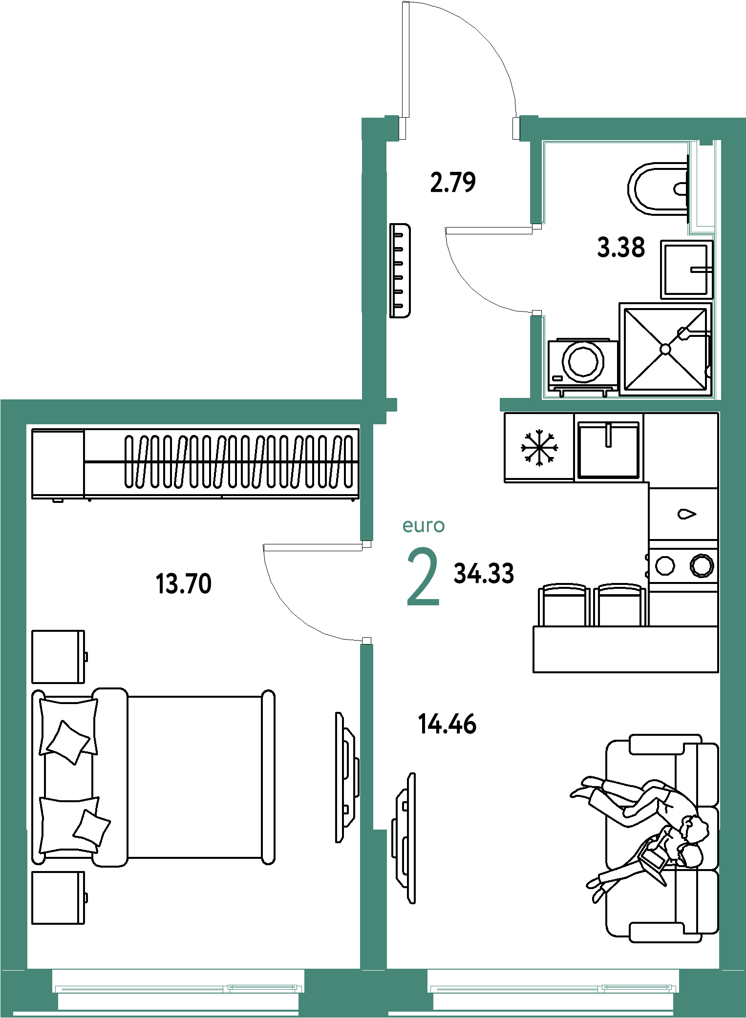 Планировка: Евродвушка 34,33 м² в ЖК «Домашний»
