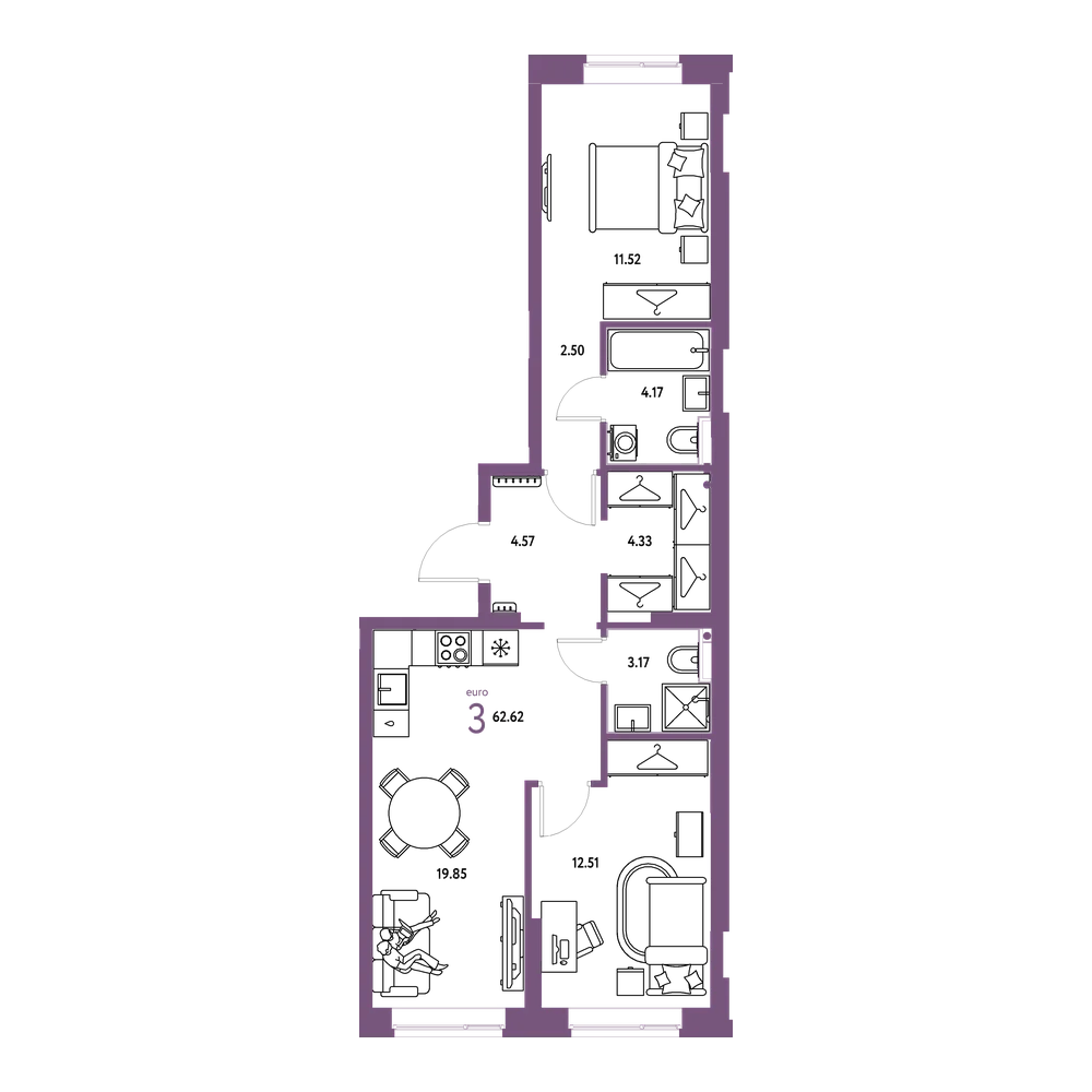 Планировка: Евротрёшка 62,62 м²
