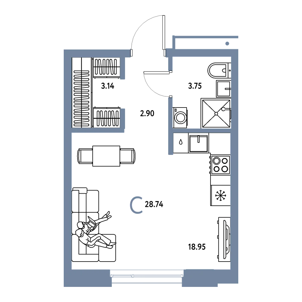 Планировка: Студия 28,74 м²