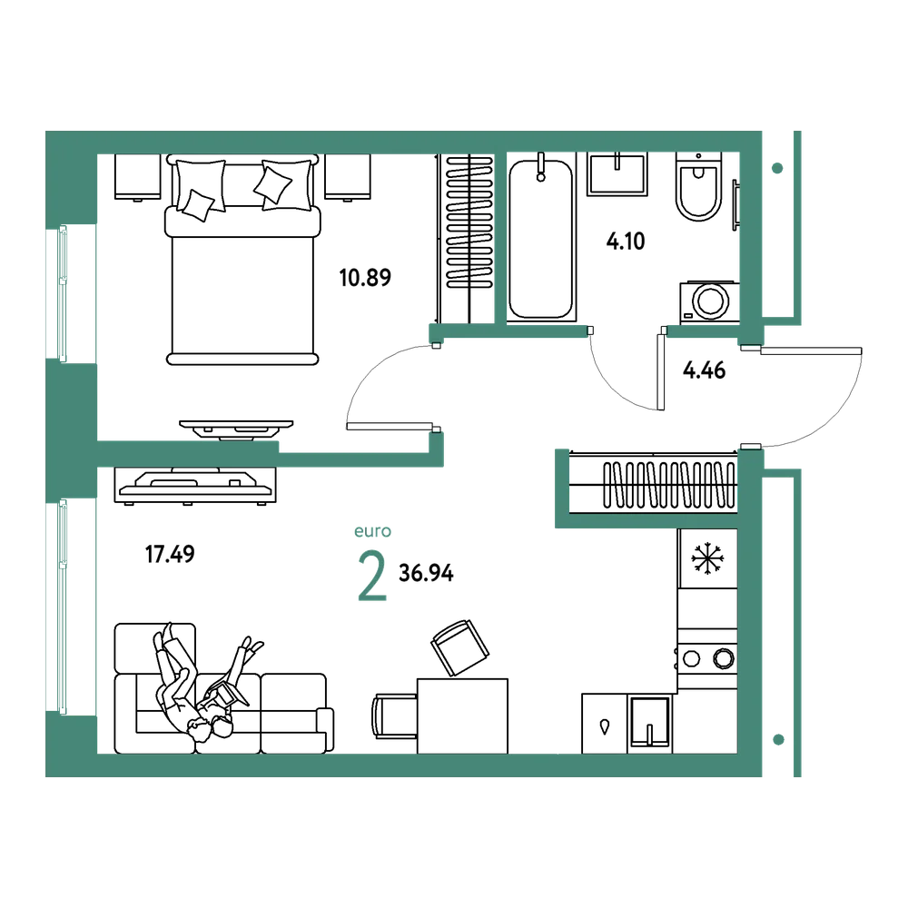 Планировка: Евродвушка 36,94 м²