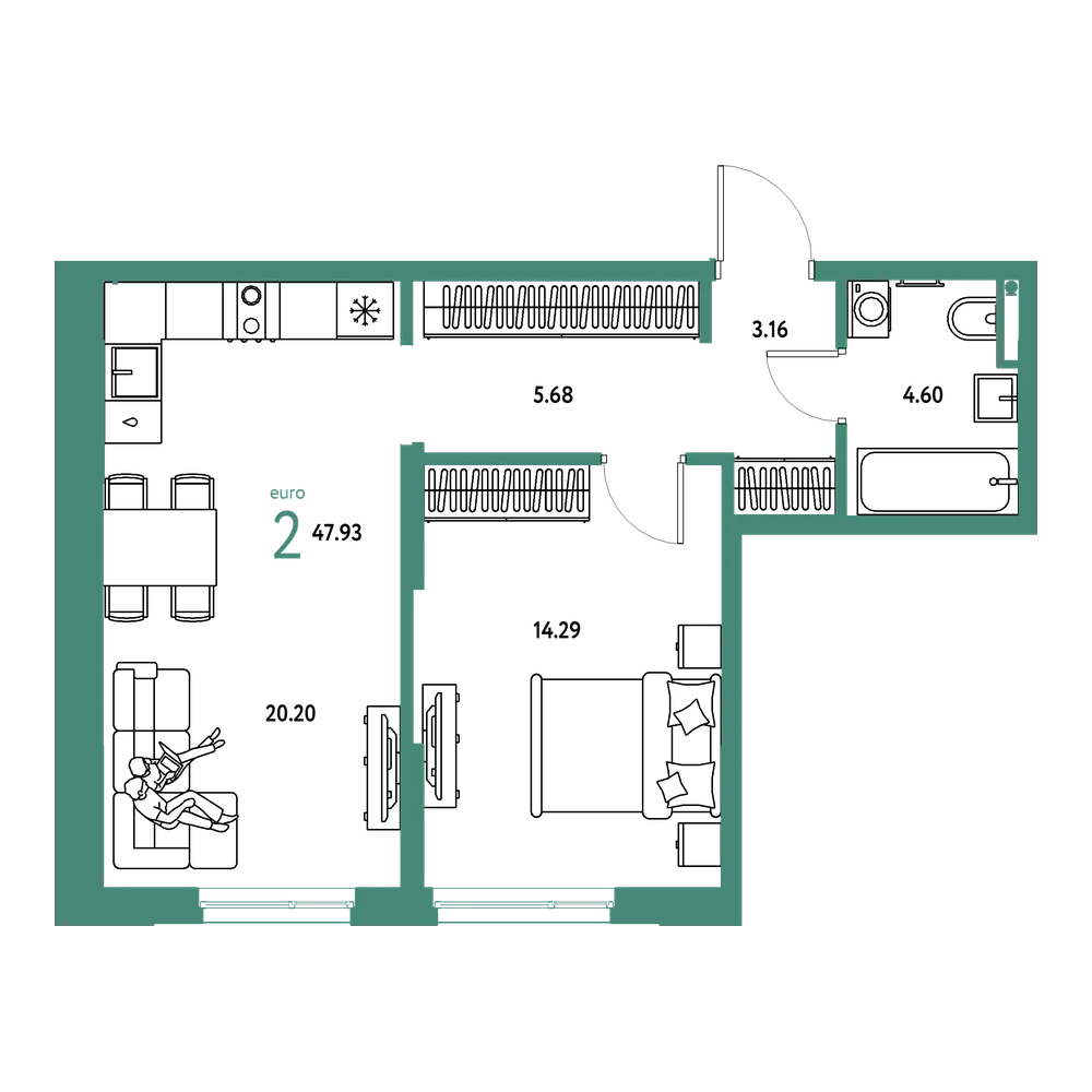 Планировка: Евродвушка 47,93 м²