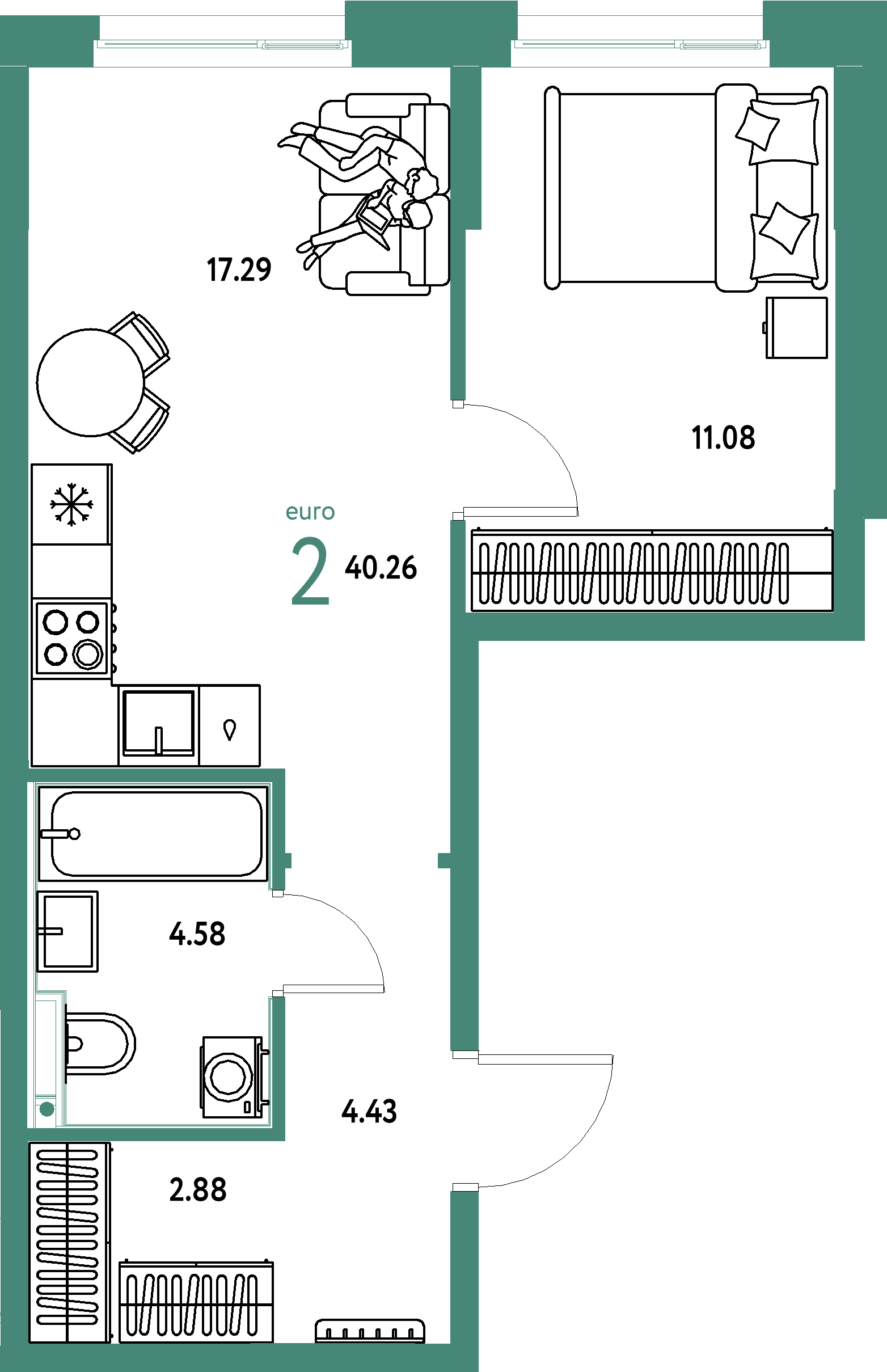 Планировка: Евродвушка 40,26 м² в ЖК «Домашний»
