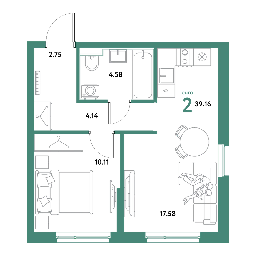 Планировка: Евродвушка 39,16 м²