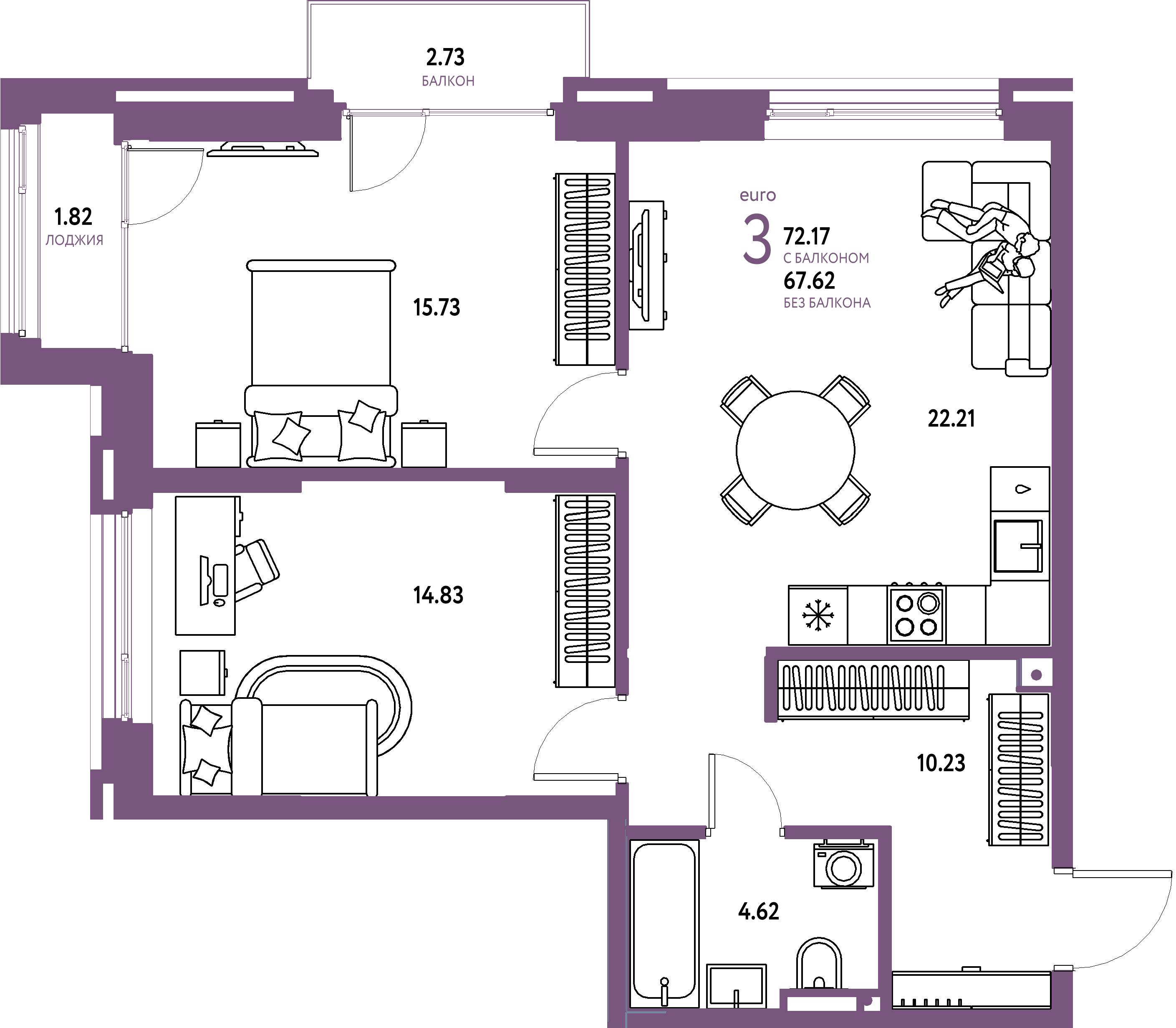 Планировка: Евротрёшка 72,17 м² в ЖК «Страна.Прибрежная»