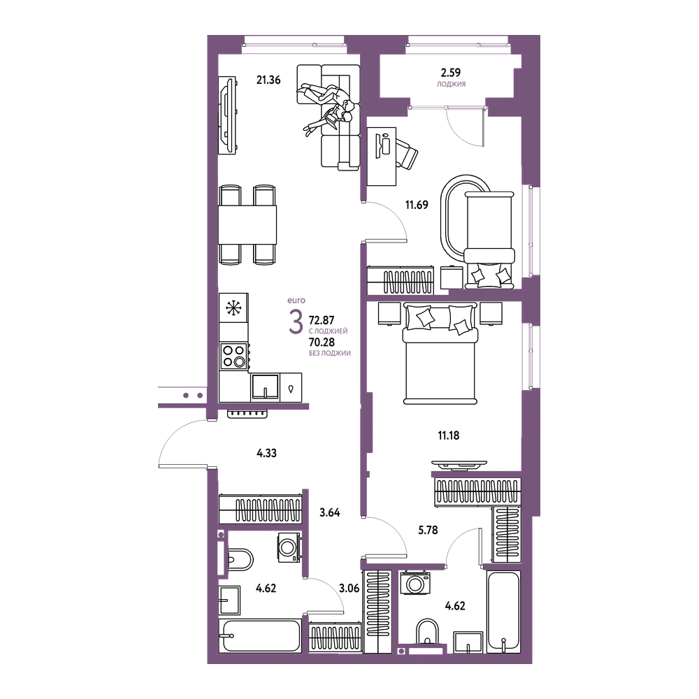 Планировка: Евротрёшка 72,87 м²