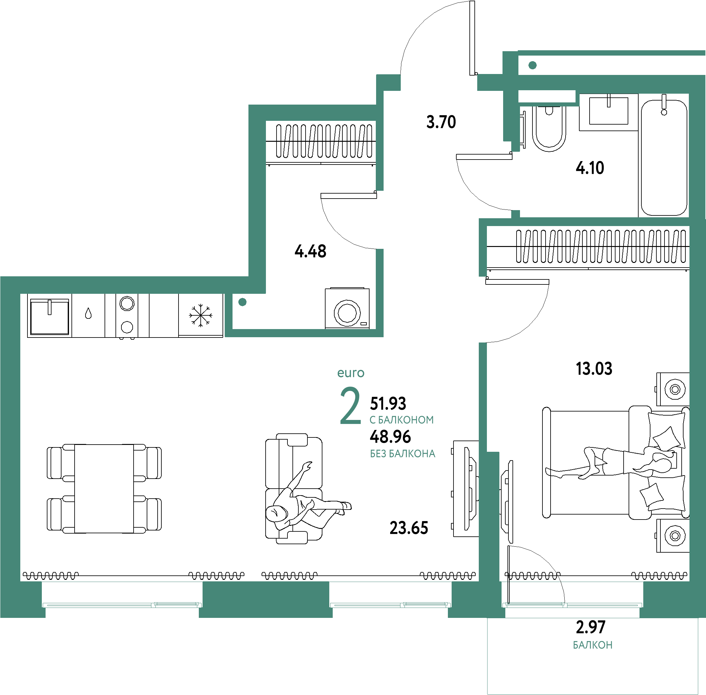 Планировка: Евродвушка 51,93 м² в ЖК «Домашний»