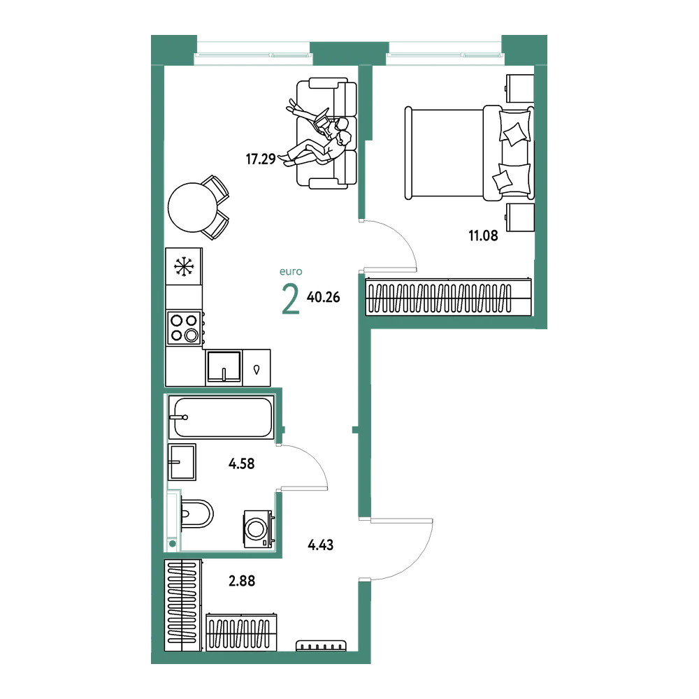 Планировка: Евродвушка 40,26 м²