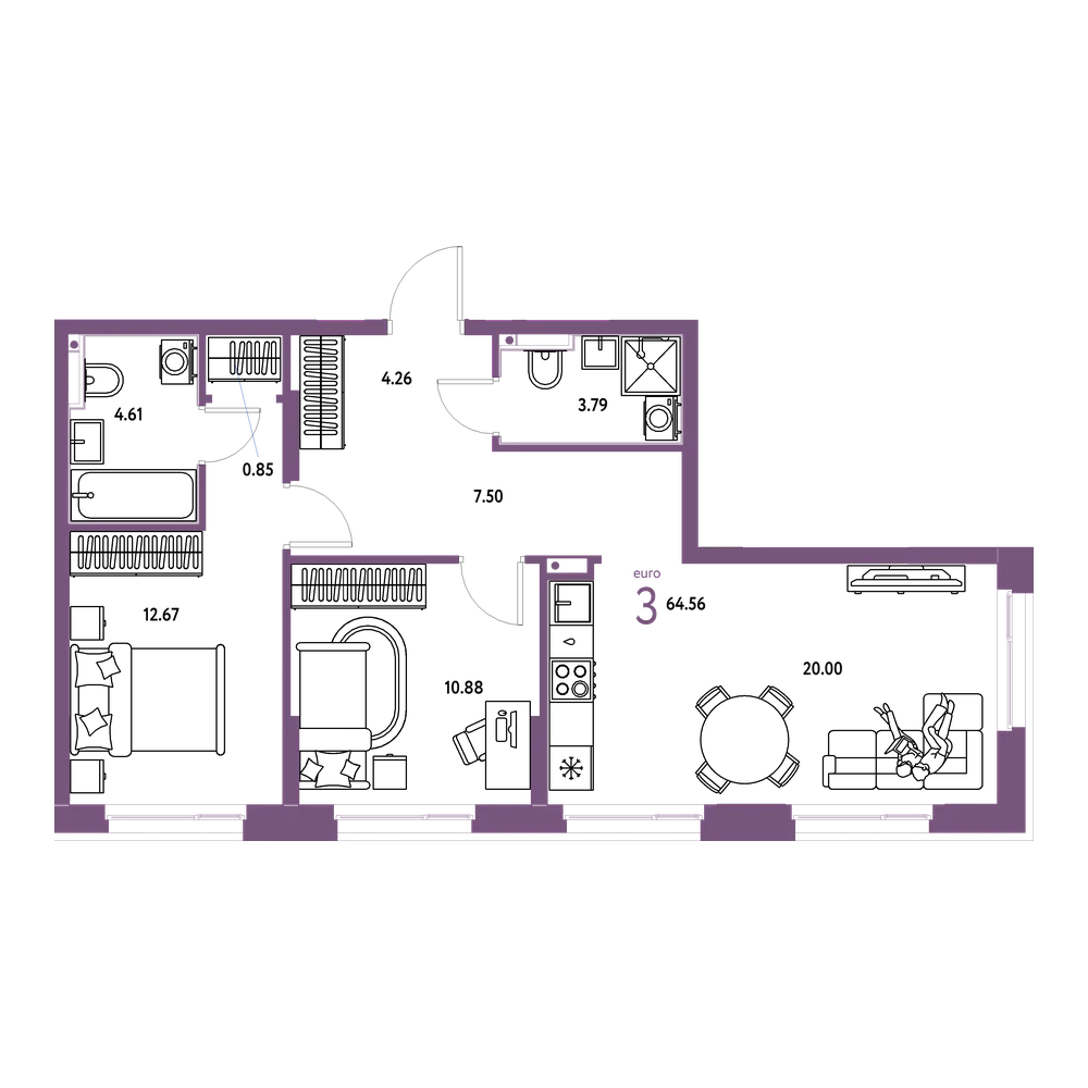 Планировка: Евротрёшка 64,67 м²