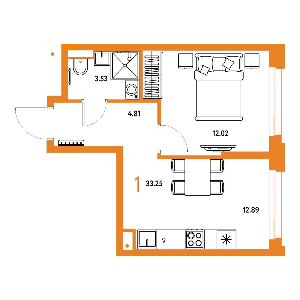 Планировка: 1-комнатная 33,25 м²