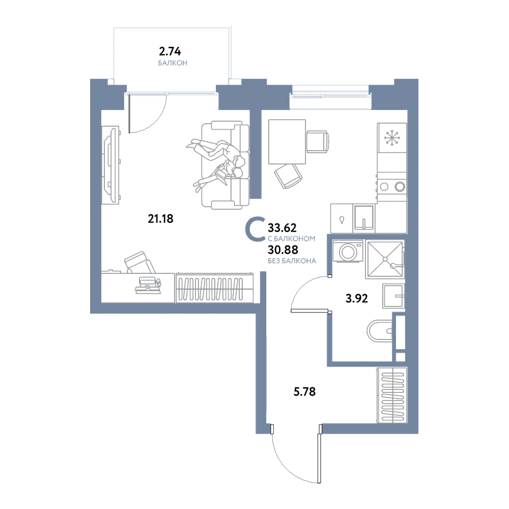 Планировка: Студия 33,62 м²