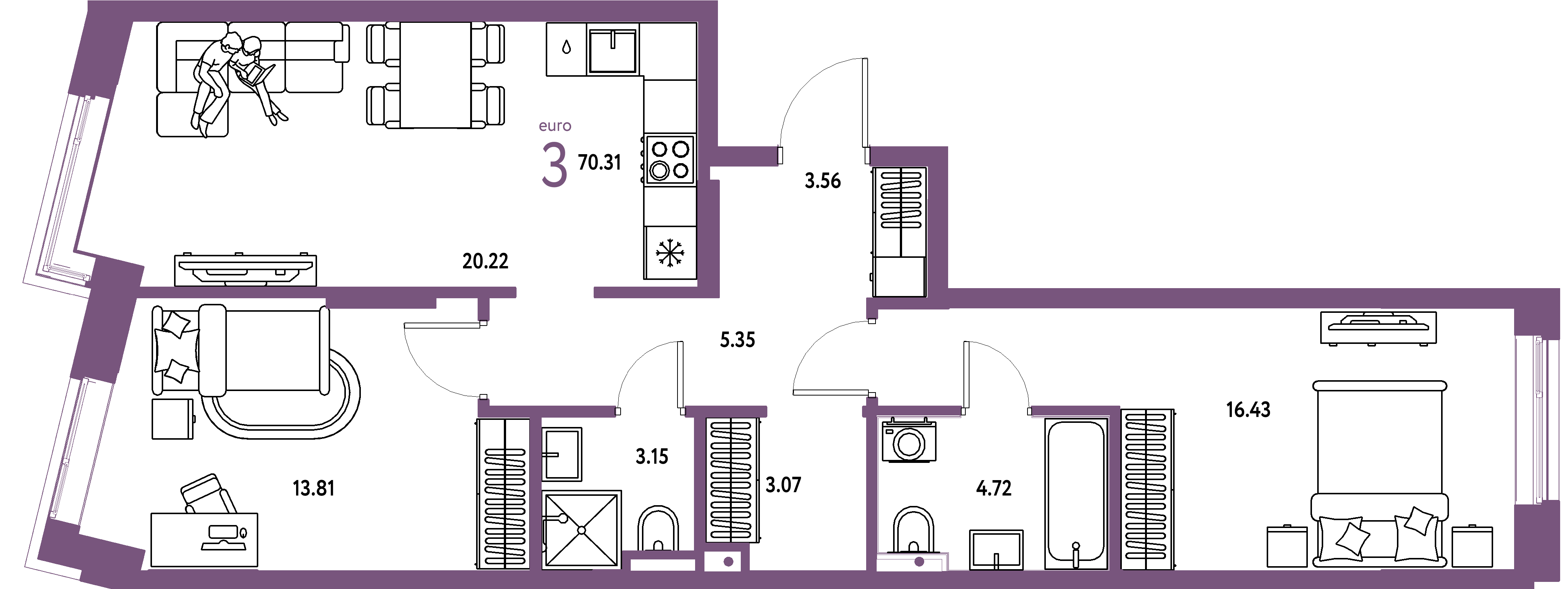 Планировка: Евротрёшка 70,31 м² в ЖК «Остров-сад»