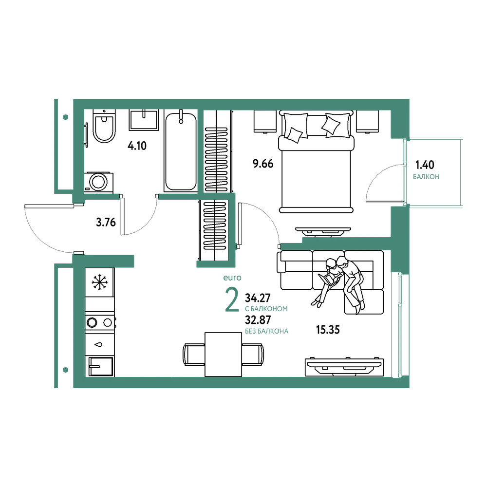 Планировка: Евродвушка 34,27 м²
