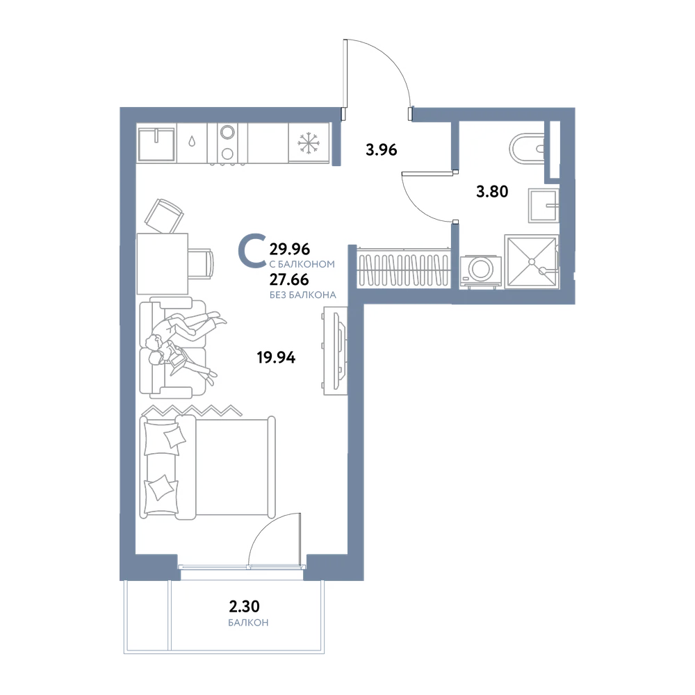 Планировка: Студия 29,96 м²