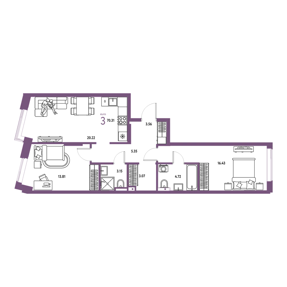 Планировка: Евротрёшка 70,31 м²
