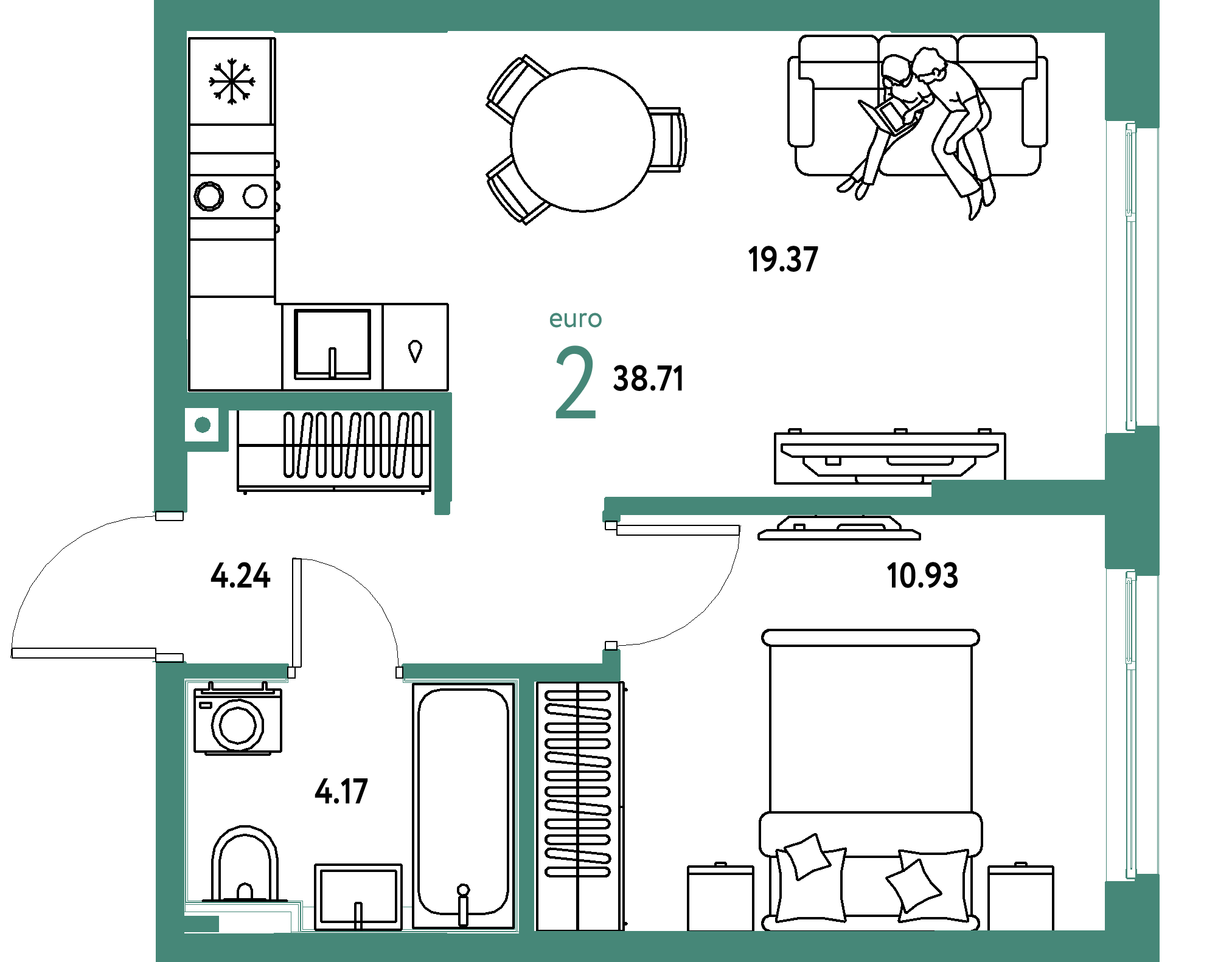 Планировка: Евродвушка 38,71 м² в ЖК «Сердце Сибири»