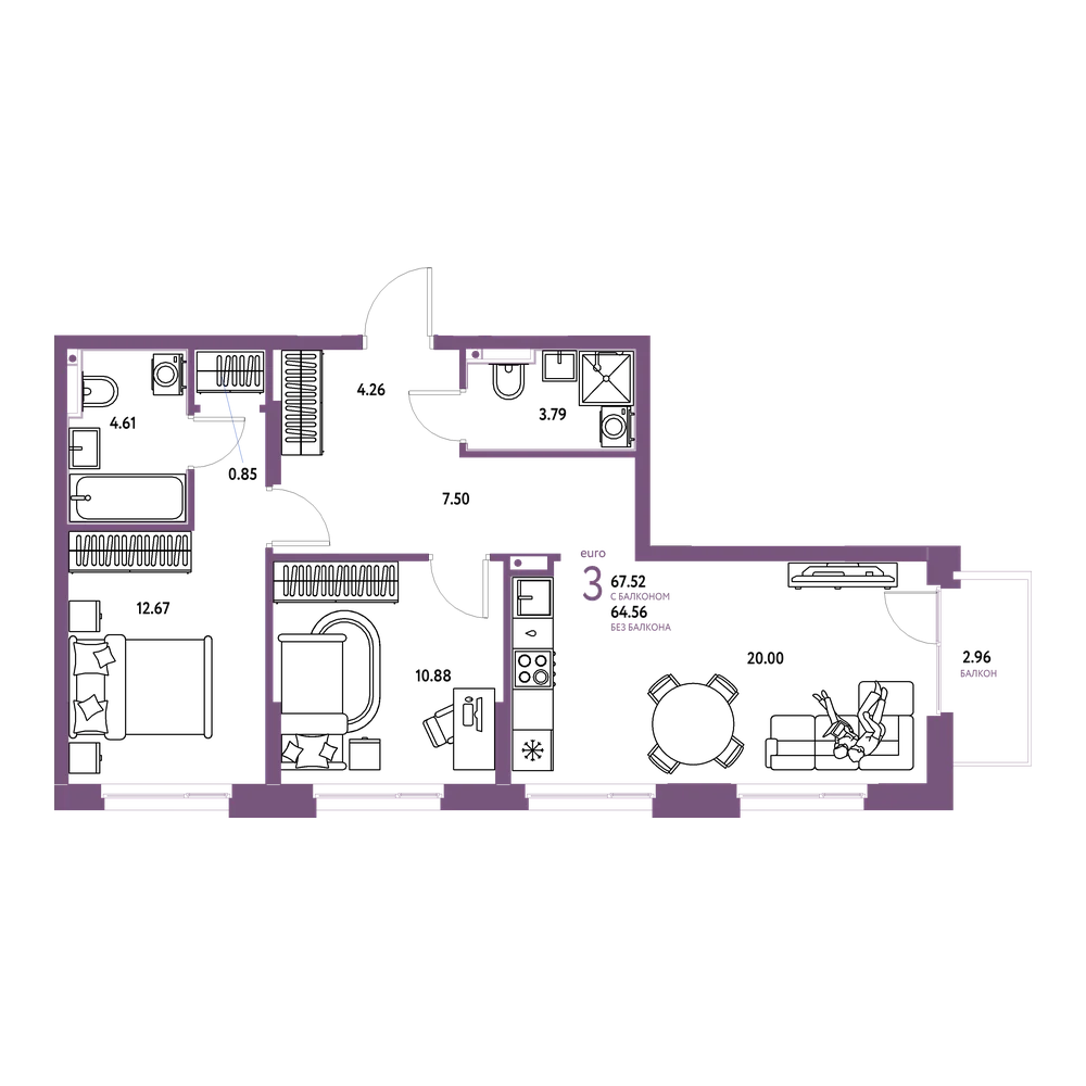 Планировка: Евротрёшка 67,24 м²