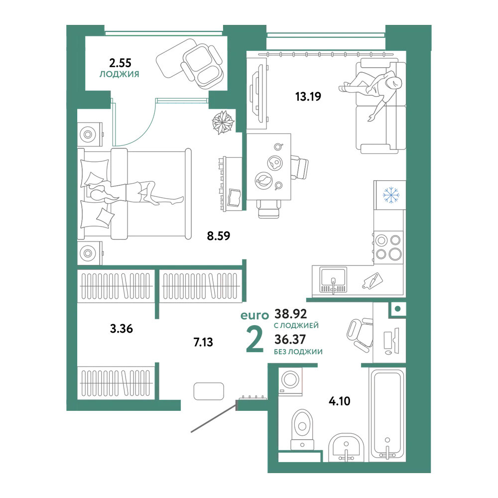 Планировка: Евродвушка 38,92 м²