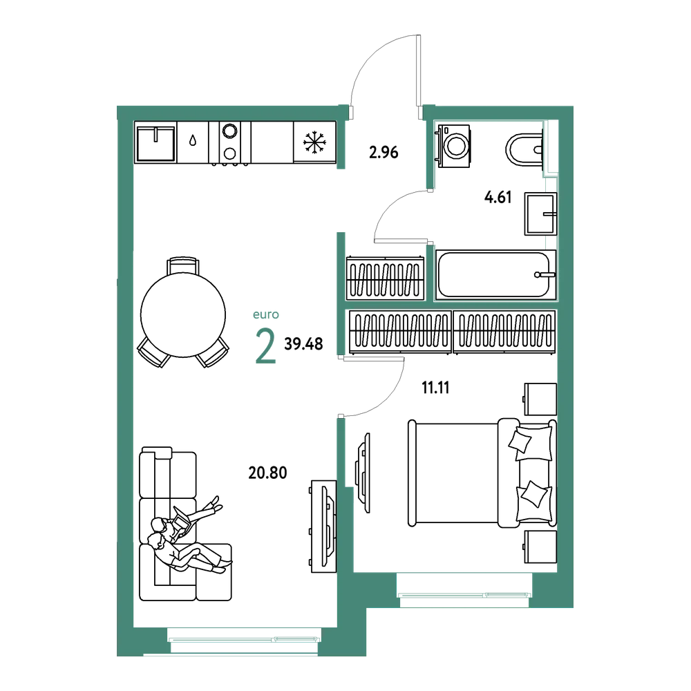 Планировка: Евродвушка 39,48 м²