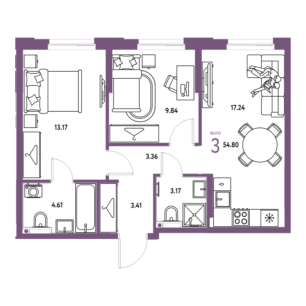 Планировка: Евротрёшка 54,8 м²