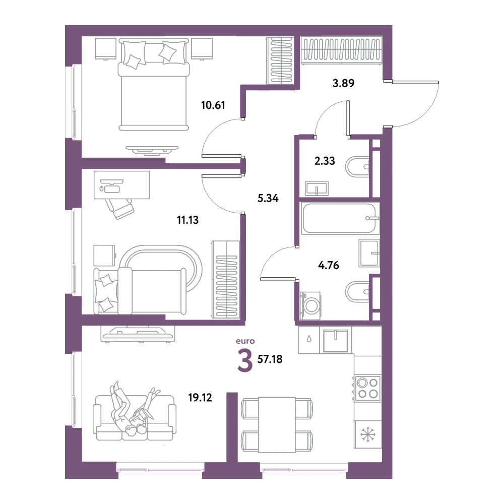 Планировка: Евротрёшка 57,18 м²