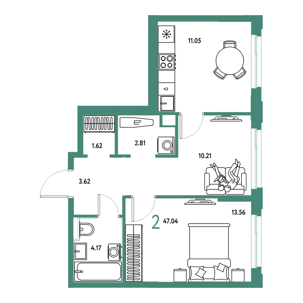 Планировка: 2-комнатная 47,04 м²