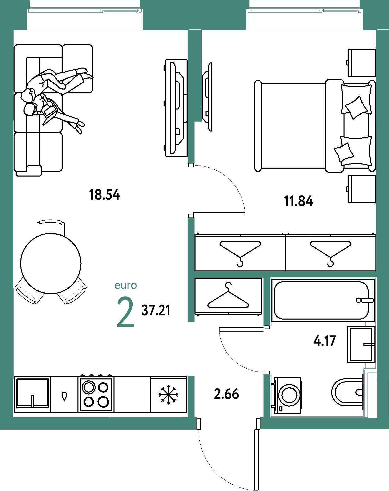 Планировка: Евродвушка 37,21 м² в ЖК «Европейский берег 2.0»