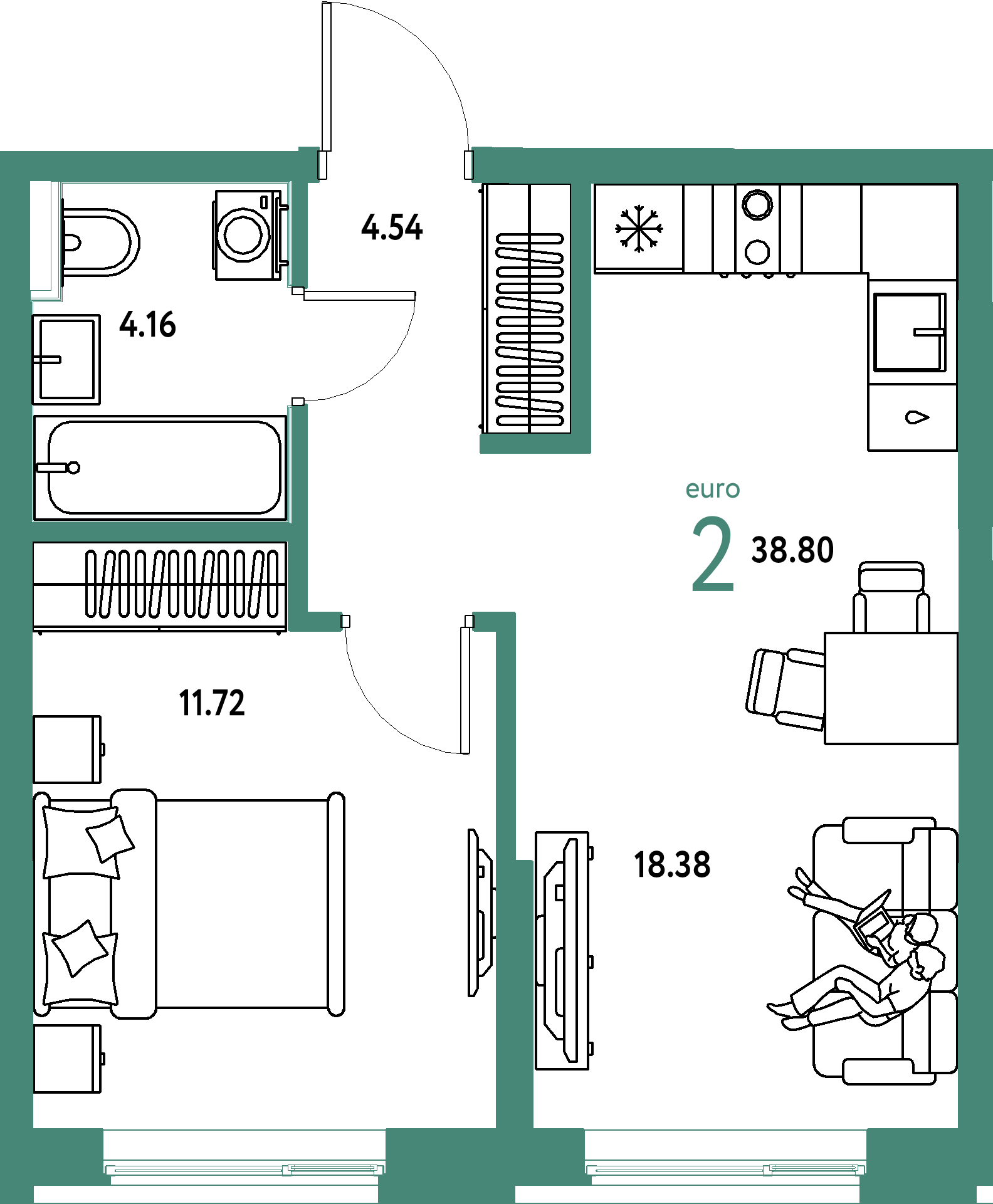 Планировка: Евродвушка 38,8 м² в ЖК «Остров-сад»