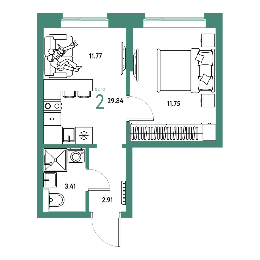 Планировка: Евродвушка 29,84 м²
