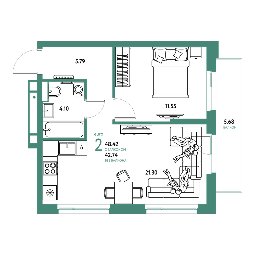 Планировка: Евродвушка 48,42 м²