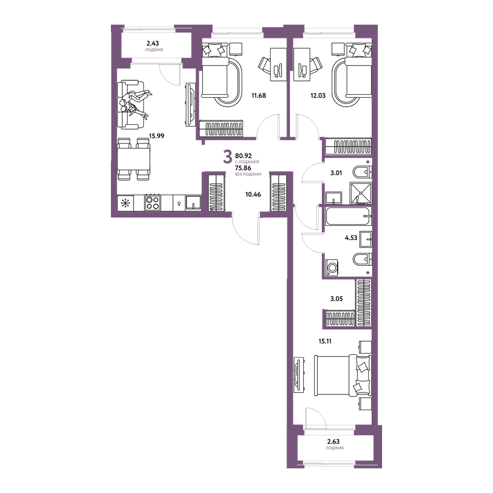 Планировка: 3-комнатная 80,92 м²