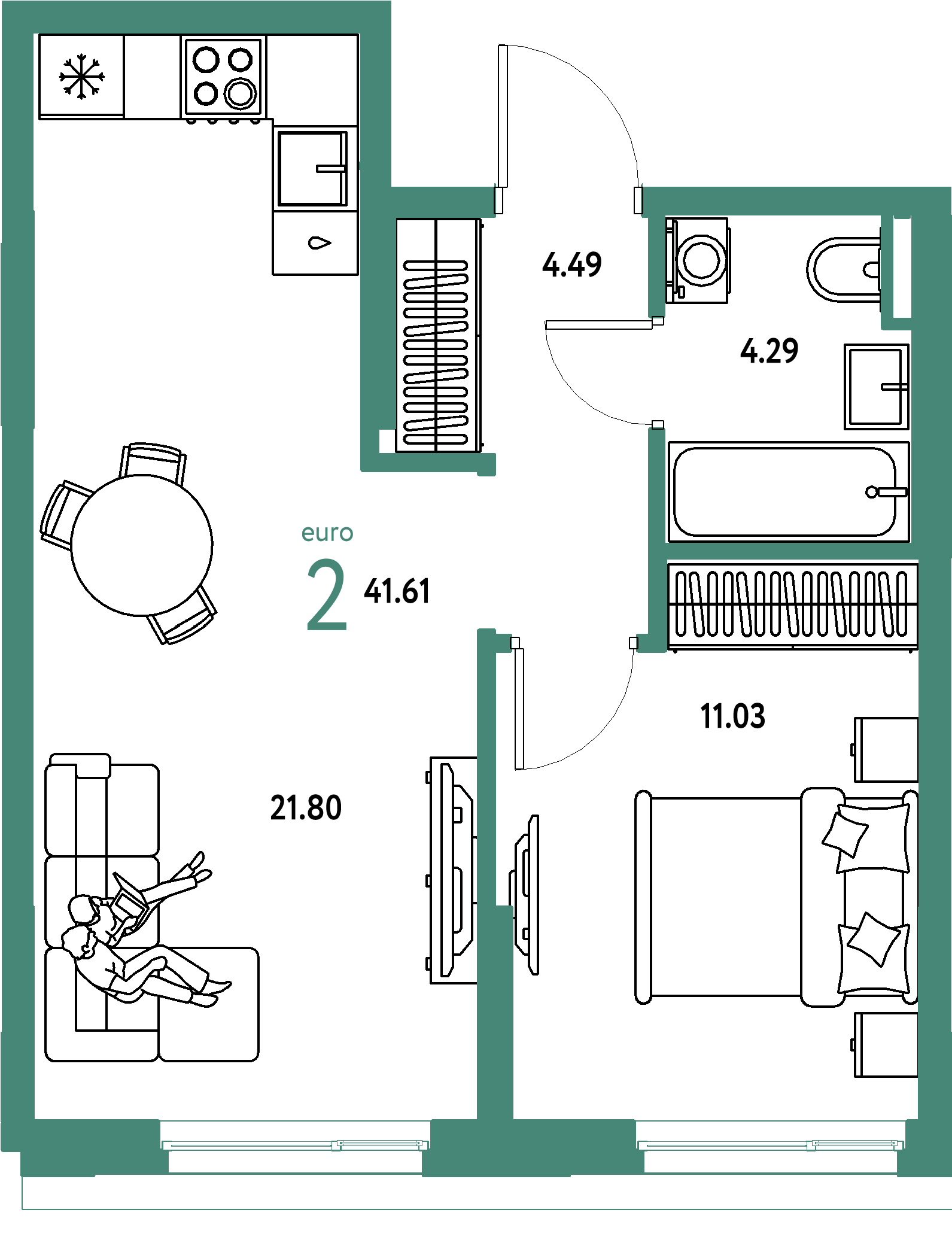 Планировка: Евродвушка 41,61 м² в ЖК «Остров-сад»